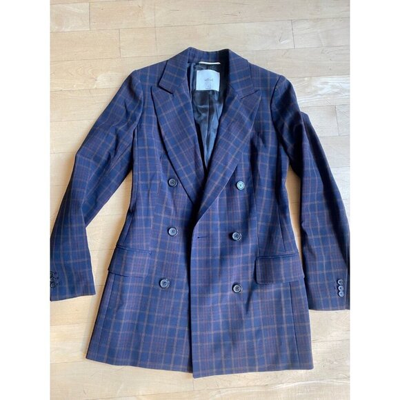 Wilfred Aritzia Sz 0 navy blue plaid "Margaux" Blazer Jacket button closure